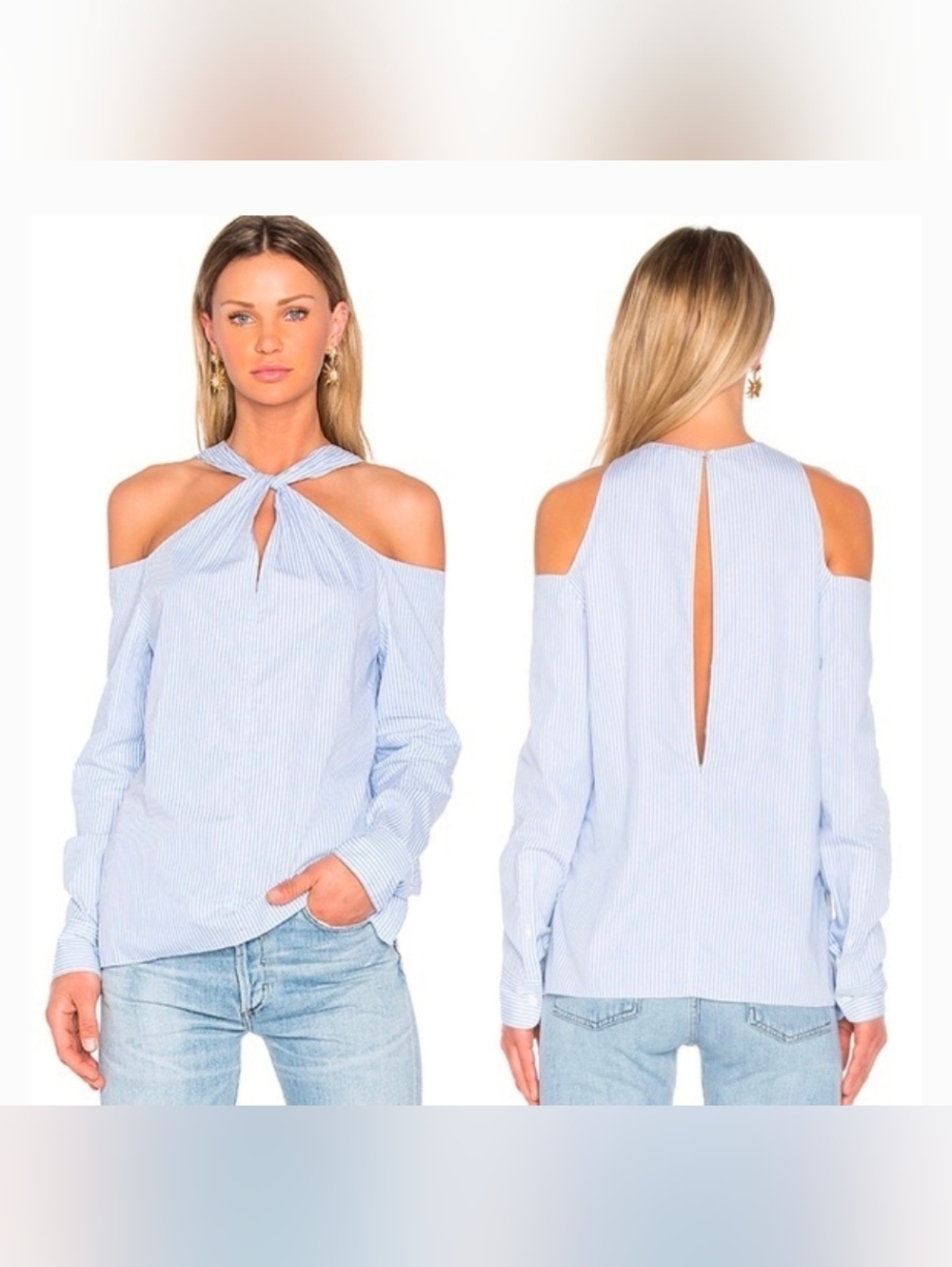 rag & bone Collingwood Blue Pinstripe Cold-Shoulder Twist Neck Blouse Small 6740